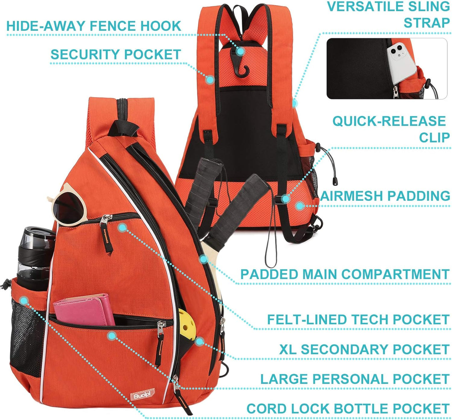 Pickleball Bag - Men'S & Women'S Pickleball Backpack, Adjustable Sling Bag W/Fence Hook/Large Capacity/Safety Pocket